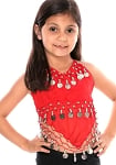 Little Girl's Chiffon Belly Dance Costume Halter Top with Coins - RED / SILVER