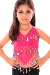 Little Girl's Chiffon Belly Dance Costume Halter Top with Coins - ROSE PINK / SILVER   