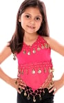 Little Girl's Chiffon Belly Dance Costume Halter Top with Coins - ROSE PINK / GOLD