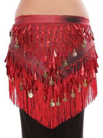 Tie-Dye Triangle Hip Scarf with Teardrop Paillettes, Fringe & Coins - RED / BLACK