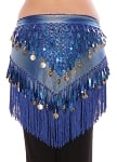 Tie-Dye Triangle Hip Scarf with Teardrop Paillettes, Fringe, & Coins - BLUE