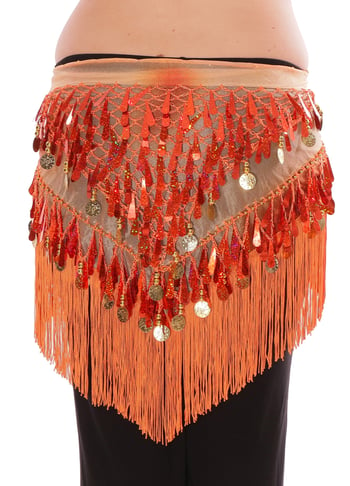 Tie-Dye Triangle Hip Scarf with Teardrop Paillettes, Fringe & Coins - AUTUMN ORANGE