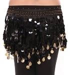 Chiffon Belly Dance Hipscarf with BLACK Paillette Fringe & GOLD Coins