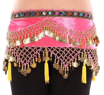 Arabesque Velvet Belly Dancer Hip Scarf with Coins & Tassels - BUBBLE GUM PINK