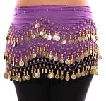 Chiffon Belly Dance Hip Scarf with Beads & Coins - PURPLE / GOLD