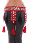 Tribal Cowry Shell Panel Belt with Tassels & Mirrors - RED