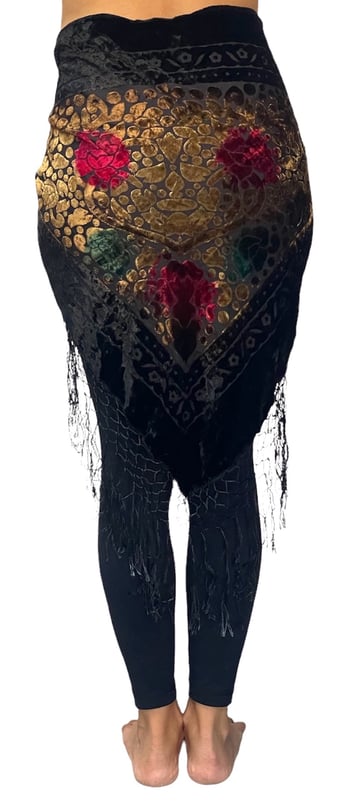 Burnout Velvet Floral Shawl Scarf with Fringe - BLACK / MULTI