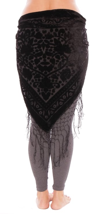 Floral Pattern Burnout Velvet Shawl Hip Scarf with Fringe - BLACK