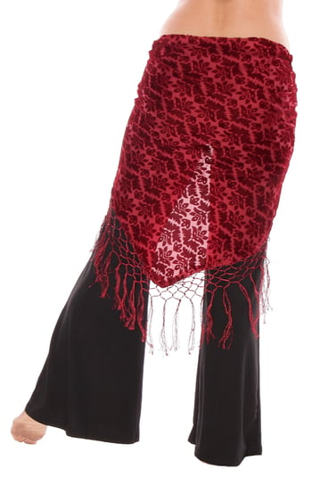 Petite Fleur Burnout Velvet Shawl Hip Scarf with Fringe - WINE