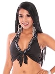 Ruffle Halter Dance Top with Criss Cross Back Straps - BLACK / FLORAL PRINT