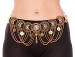 Rhinestone Medallion Metal Belt with Chain Swags and Coins - ANTIQUE GOLD