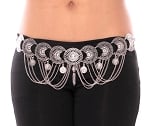 Rhinestone Medallion Metal Belt with Chain Swags and Coins- ANTIQUE SILVER