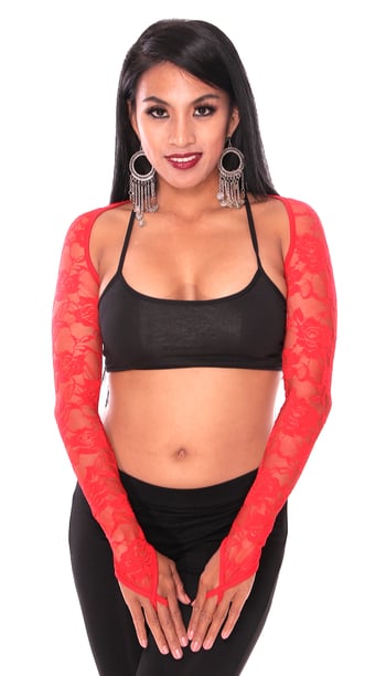 Long Sleeve Lace Shrug with Finger Loops - RED