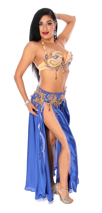 CAIRO COLLECTION: Professional Belly Dance Costume from Egypt - ROYAL BLUE SATIN / LIGHT NUDE