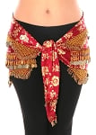 CAIRO COLLECTION: Floral Metallic Print Beaded Coin Hip Scarf - BURGUNDY / GOLD