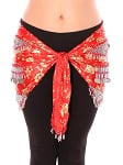 CAIRO COLLECTION: Floral Metallic Print Beaded Coin Hip Scarf - RED / SILVER