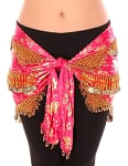 CAIRO COLLECTION: Floral Metallic Print Beaded Coin Hip Scarf - HOT PINK / GOLD