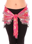 CAIRO COLLECTION: Floral Metallic Print Beaded Coin Hip Scarf - HOT PINK / SILVER