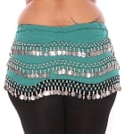 Plus Size 1X - 4X Chiffon Belly Dance Hip Scarf with Coins - TEAL / SILVER
