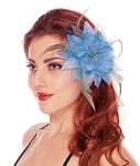 Hair Flower with Feather Accents - BLUE