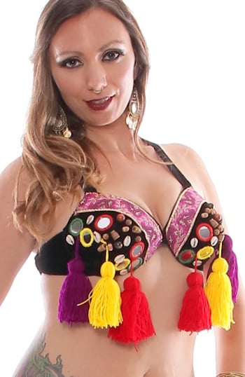 Colorful Shisha Tribal Bra with Shells & Tassels - BLACK / MULTI