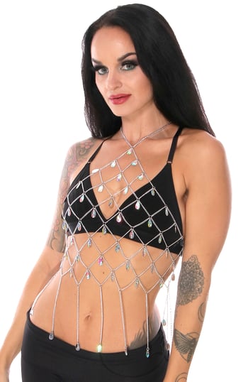 Art Deco Chain Bra Cover Halter Top with AB Crystals - SILVER