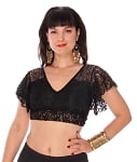 Embroidered Floral Lace Choli Tie Top - BLACK