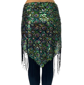 Peacock Design Sequin Embroidered Hip Wrap Shawl with Fringe - GREEN