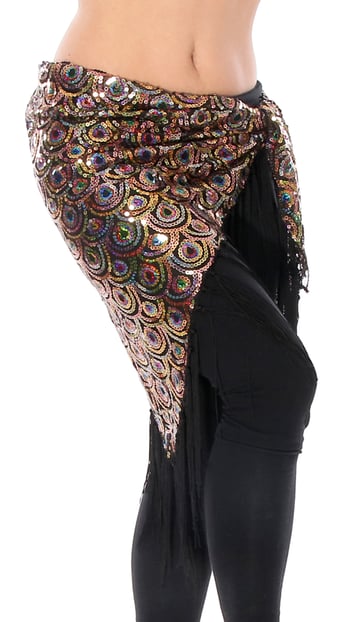 Peacock Design Sequin Embroidered Hip Wrap Shawl with Fringe - GOLD