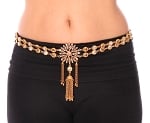 Costume Belly Belt with Jeweled Pendants and Chain Tassels - GOLD / AMBER / CRYSTAL