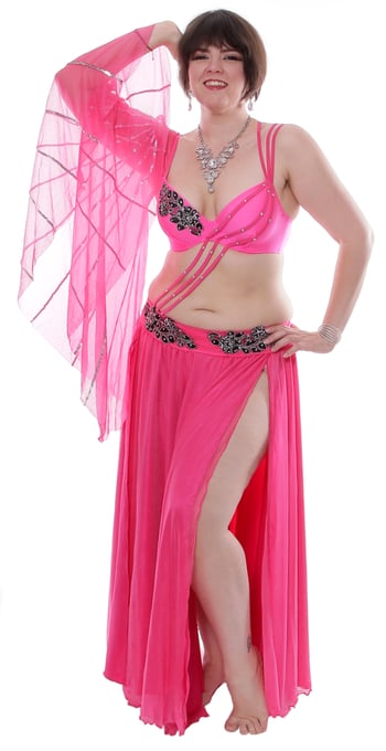 2 Piece Mesh and Satin Belly Dance Costume with Attached Sleeve Drape - FUCHSIA / BLACK