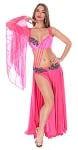 2 Piece Mesh and Satin Belly Dance Costume with Attached Sleeve Drape - FUCHSIA / BLACK
