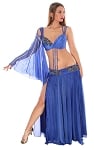 2 Piece Mesh and Satin Belly Dance Costume with Attached Armdrape - ROYAL BLUE / BLACK