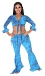 Tie Dye Tribal Fusion Tie Top and Yoga Pants with Attached Overskirt Set - AZURE / BLUE