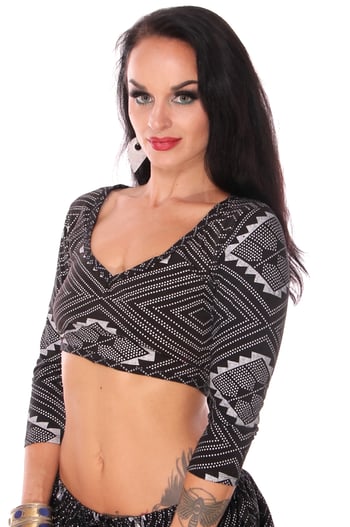 3/4 Sleeve Open Back Assuit Print Choli Stretch Tie Top - BLACK / SILVER