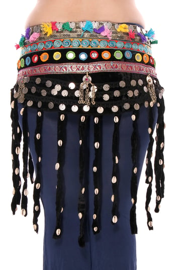Afghani Tribal Belt with Shisha Mirrors, Velvet Fringe, Shells, and Kuchi Pendants