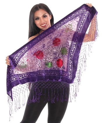 Burnout Velvet Floral Shawl Scarf with Fringe - PURPLE / GREEN / RED