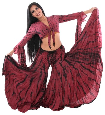 Tie Dye Tribal Fusion Top and Pants Set - BLACK / BURGUNDY