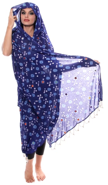 Jaipur Batik Tie Dye Veil with Pearls, Mirrors and Shells - ROYAL BLUE