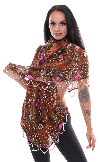 Jaipur Batik Tie Dye Veil with Pearls, Mirrors and Shells - BURNT SIENNA