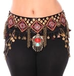 Studded Tribal Belt with Coins and Pendants - BRASS / TURQUOISE / RED