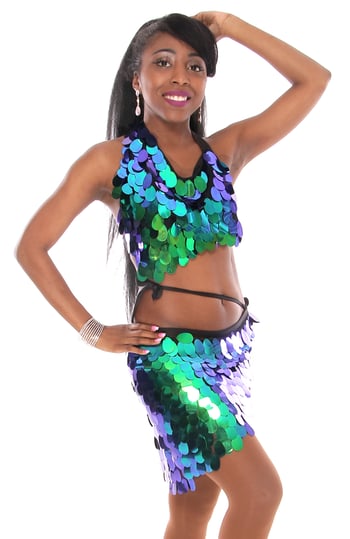 Paillette Costume Bra and Hip Wrap Set - IRIDESCENT GREEN BLUE