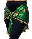 Egyptian Emerald Green Lame' Hip Scarf with Gold Coins