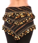 Egyptian Metallic Gold Lurex Striped Chiffon Hip Scarf with Coins and Paillettes - BLACK / GOLD 
