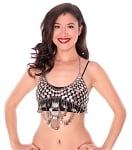 Egyptian Coin Bra Cover with Crescent Pendants and Chain Drapes - SILVER
