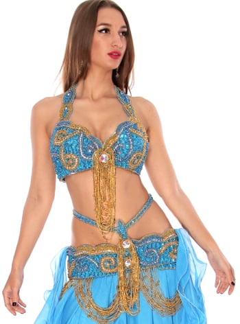 2-Piece Classic Egyptian Bedlah Bra and Belt Set - BLUE TURQUOISE / GOLD