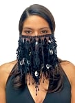 Paillette Face Veil with Beaded Fringe - BLACK
