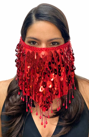 Paillette Face Veil with Beaded Fringe - RED