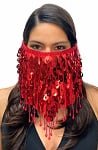 Paillette Face Veil with Beaded Fringe - RED