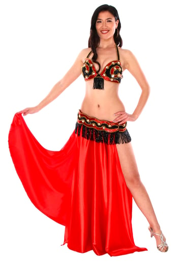 2-Piece Egyptian Beaded Bedlah Bra and Belt Set - BLACK/RED